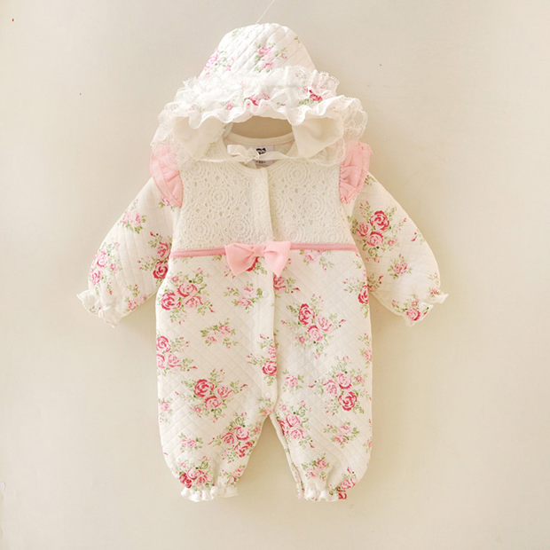 Baby Girls Warm Cotton Romper with Matching Hat