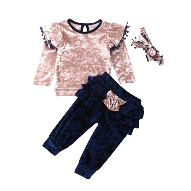 Toddler Girls Velvet 3 piece Set Ruffle Bow Top