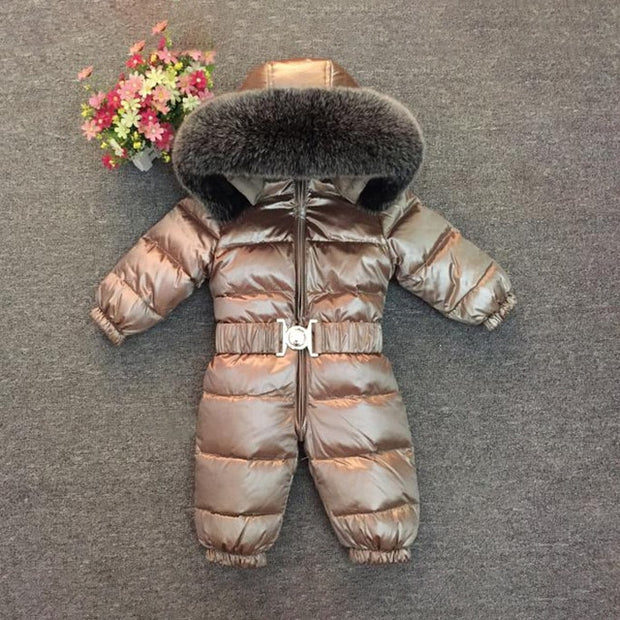 Baby Warm Winter Fur Hood Down Snowsuit