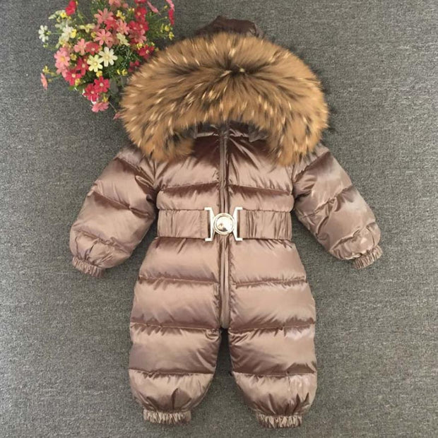 2021 Winter Warm Down Baby Boys Jumpsuits Hooded Real Fur Girls Rompers Long Sleeve Unisex Onesie Overalls Toddler Snowsuit A800