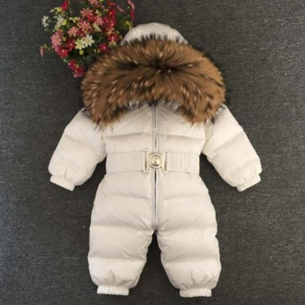 2021 Winter Warm Down Baby Boys Jumpsuits Hooded Real Fur Girls Rompers Long Sleeve Unisex Onesie Overalls Toddler Snowsuit A800