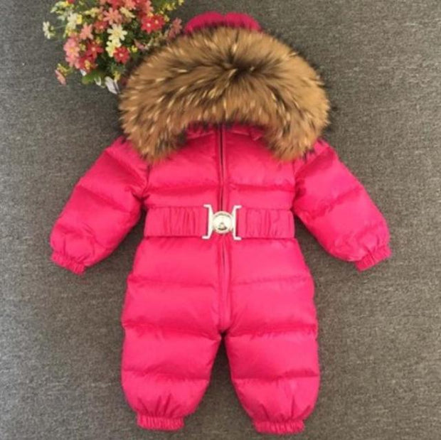 2021 Winter Warm Down Baby Boys Jumpsuits Hooded Real Fur Girls Rompers Long Sleeve Unisex Onesie Overalls Toddler Snowsuit A800