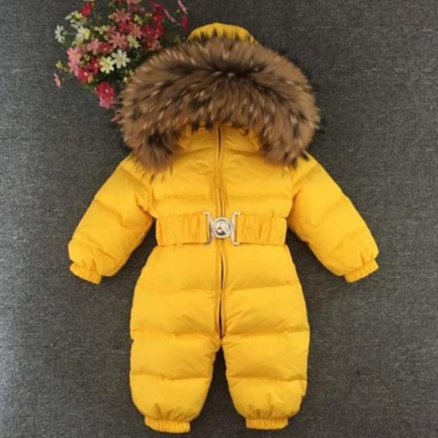 2021 Winter Warm Down Baby Boys Jumpsuits Hooded Real Fur Girls Rompers Long Sleeve Unisex Onesie Overalls Toddler Snowsuit A800