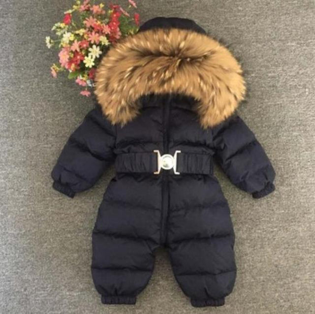 2021 Winter Warm Down Baby Boys Jumpsuits Hooded Real Fur Girls Rompers Long Sleeve Unisex Onesie Overalls Toddler Snowsuit A800