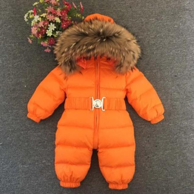 2021 Winter Warm Down Baby Boys Jumpsuits Hooded Real Fur Girls Rompers Long Sleeve Unisex Onesie Overalls Toddler Snowsuit A800