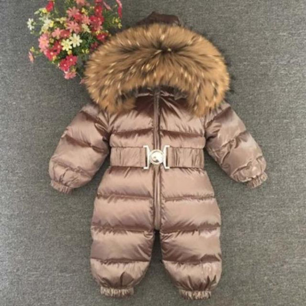 2021 Winter Warm Down Baby Boys Jumpsuits Hooded Real Fur Girls Rompers Long Sleeve Unisex Onesie Overalls Toddler Snowsuit A800